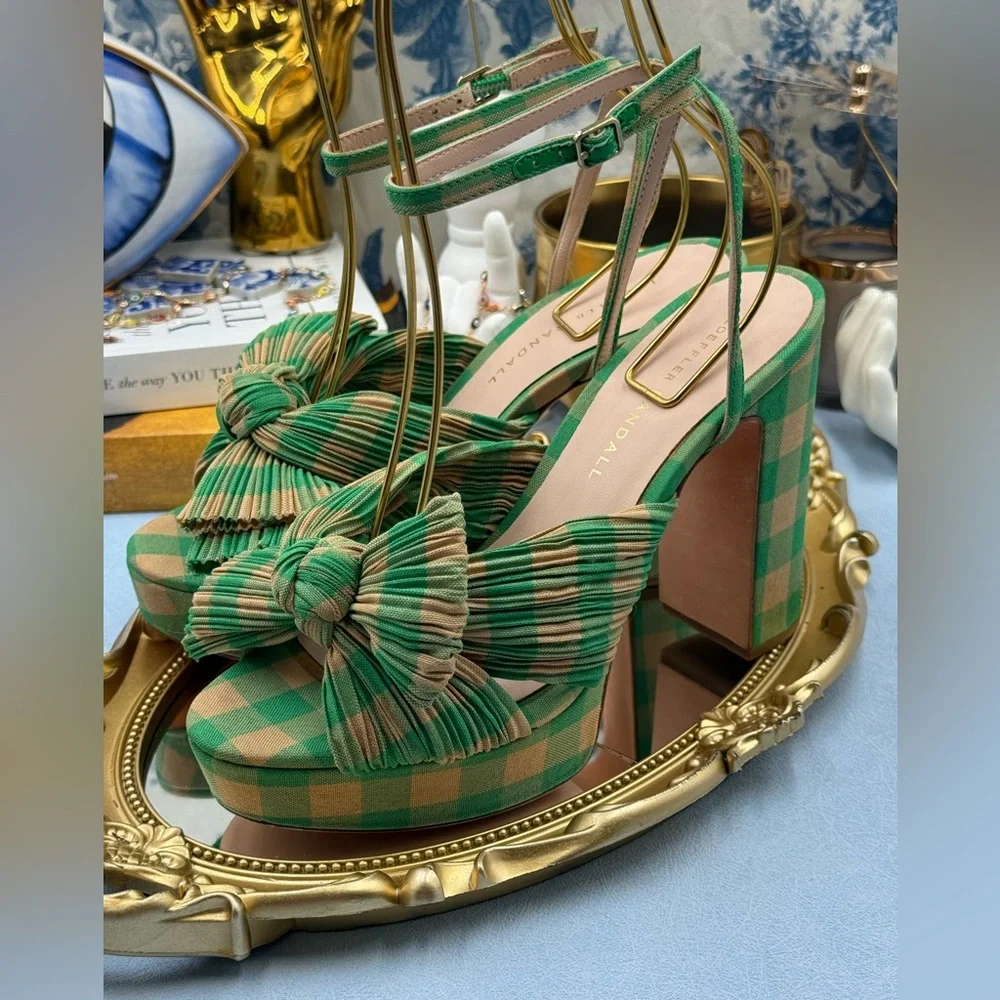 🆕 LOEFFLER RANDALL 🧿 NWOB Natalia Pleated Bow Platform Sandal, Plaid Green Sz7